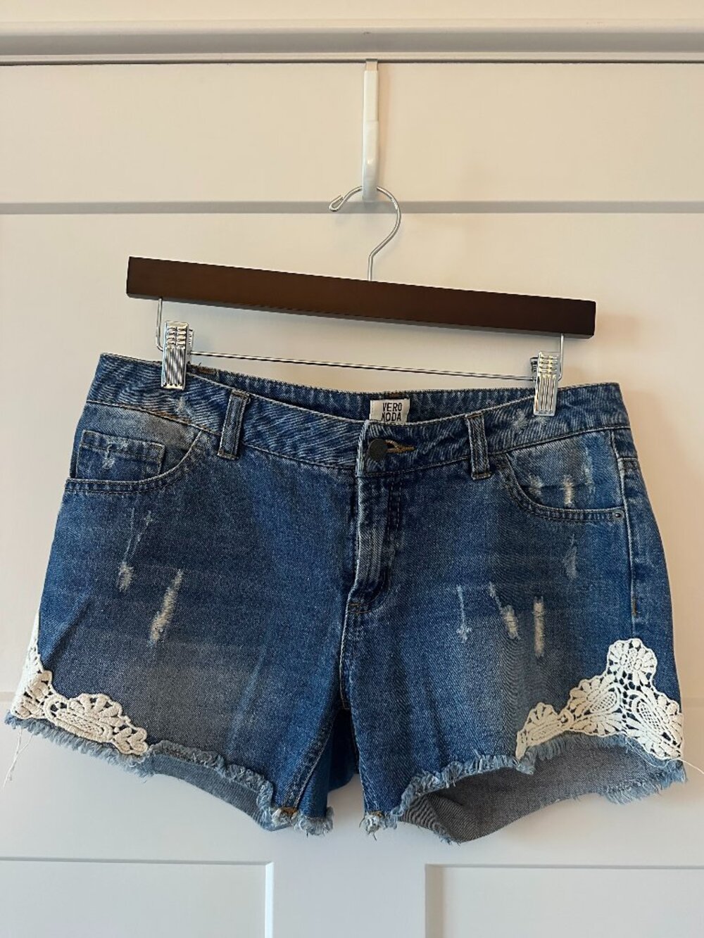 Vero Moda Distressed Denim Shorts Lace Trim